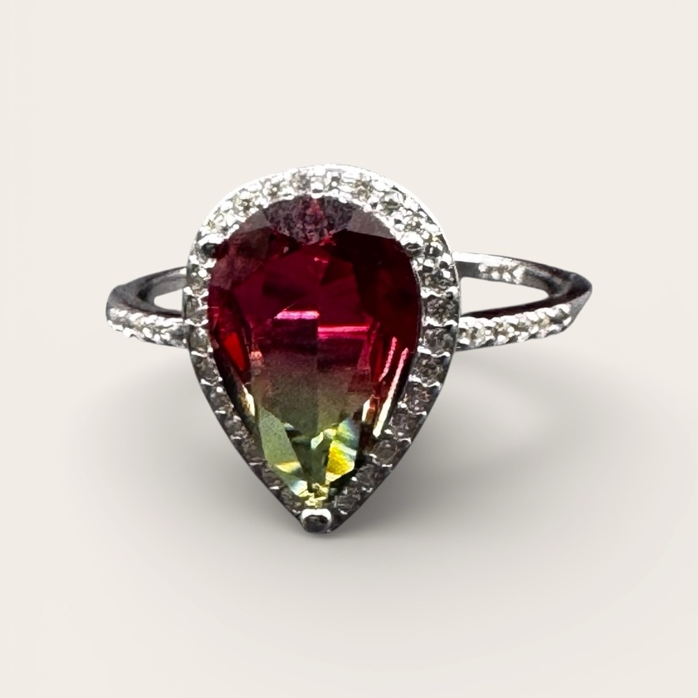 Elegant Watermelon Stone Teardrop Ring. Size 9